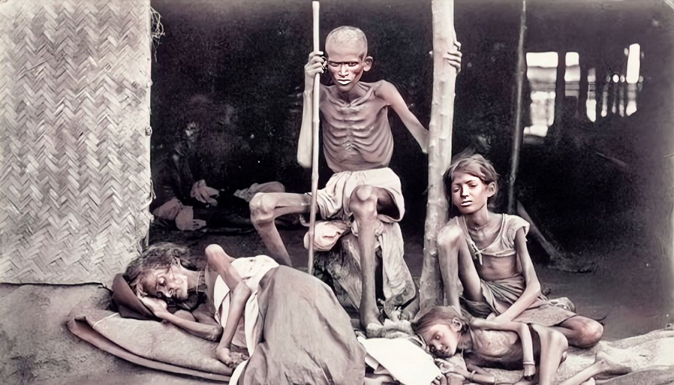 1877年,印度,饱受饥荒的一家人照片.