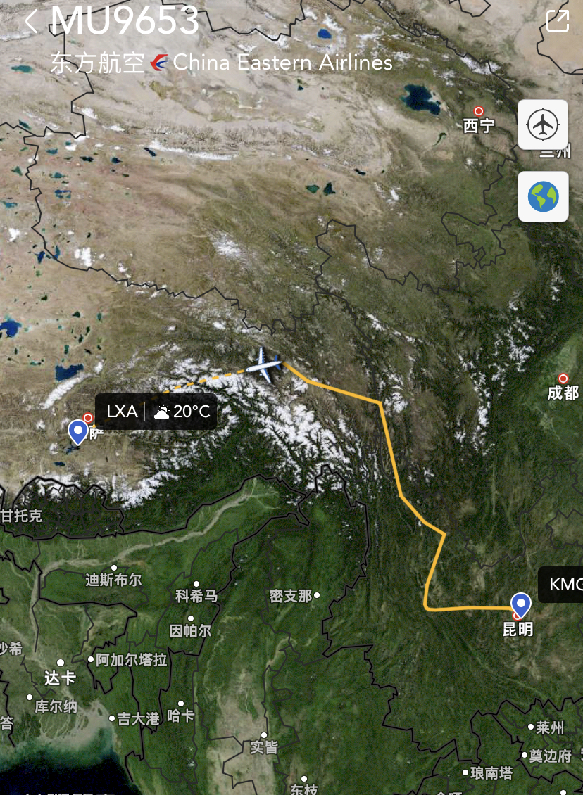 5月18日,航班mu9653由云南昆明长水机场飞往西藏拉萨贡嘎机场