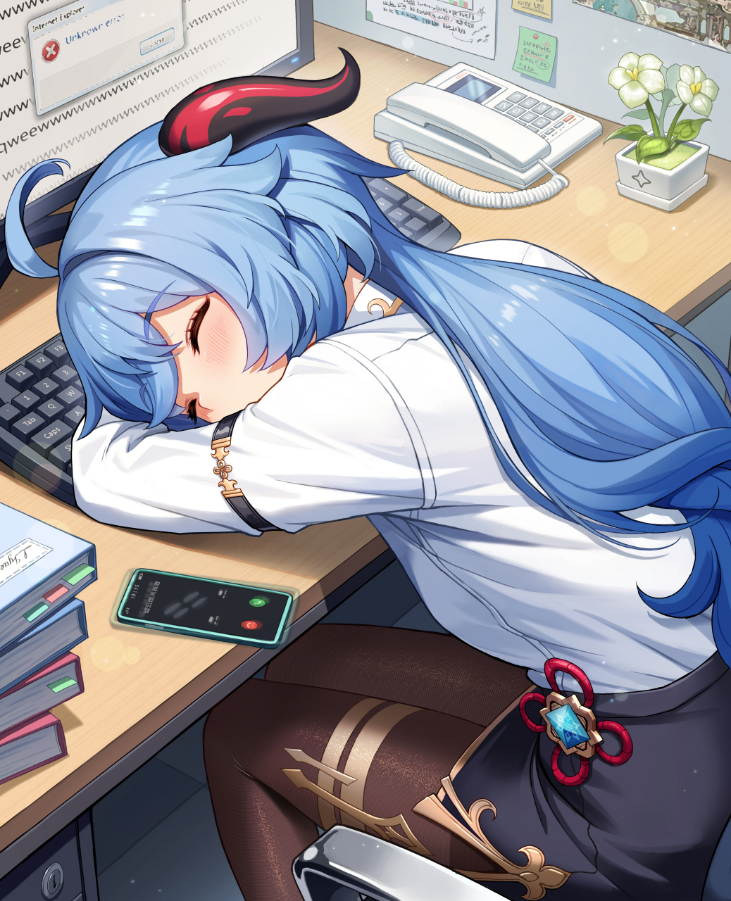 上班期间,把键盘当成枕头来睡懒觉的甘雨[悠闲] 画师:no-ba #原神