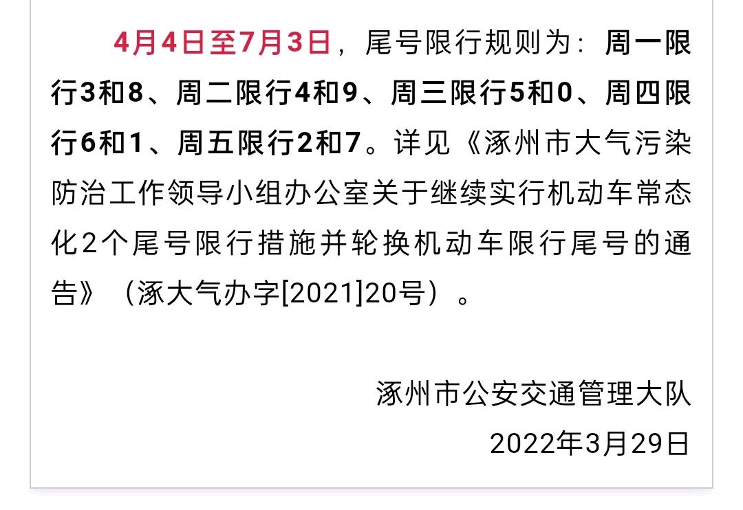 2022年3月30日週三進京路況及涿州將恢復尾號限行