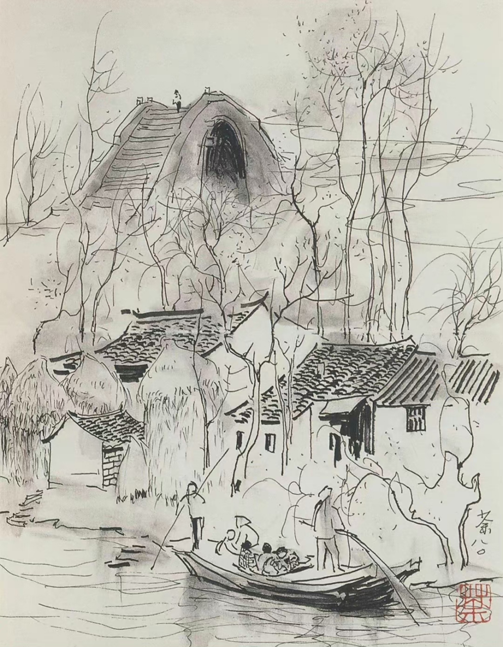 来看看吴冠中的速写,满是线条律动之美,点线面的运用发挥到了极致