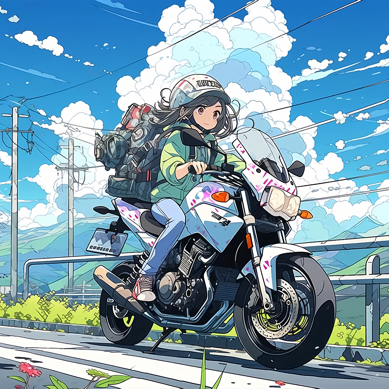 年轻的女孩骑着摩托车悠然行驶在乡村的公路上,她的身影与大自然融为