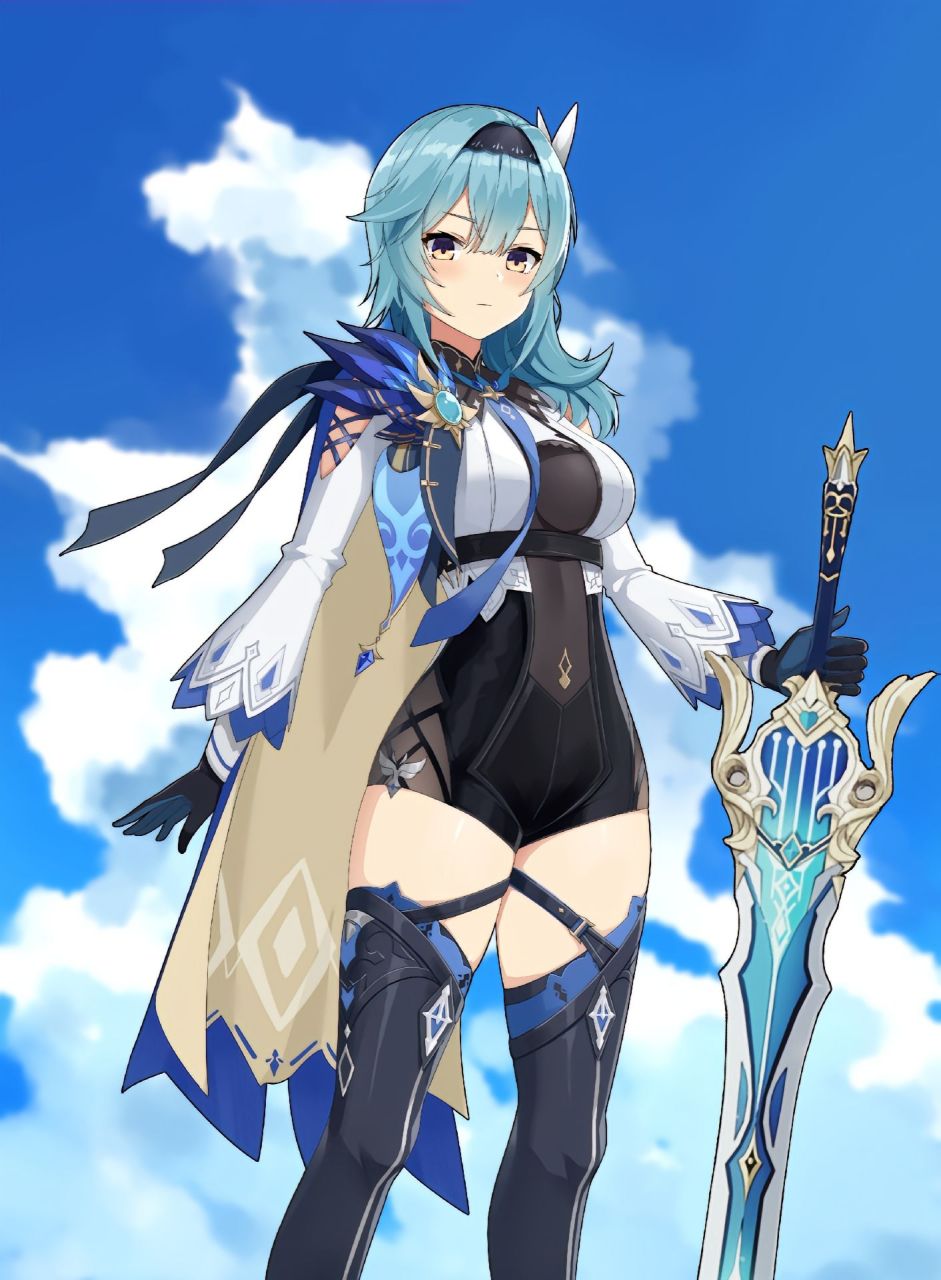 原神性感丰满的身材,穿着紧身的战斗服装,篮色的头发,使用双手剑,这就