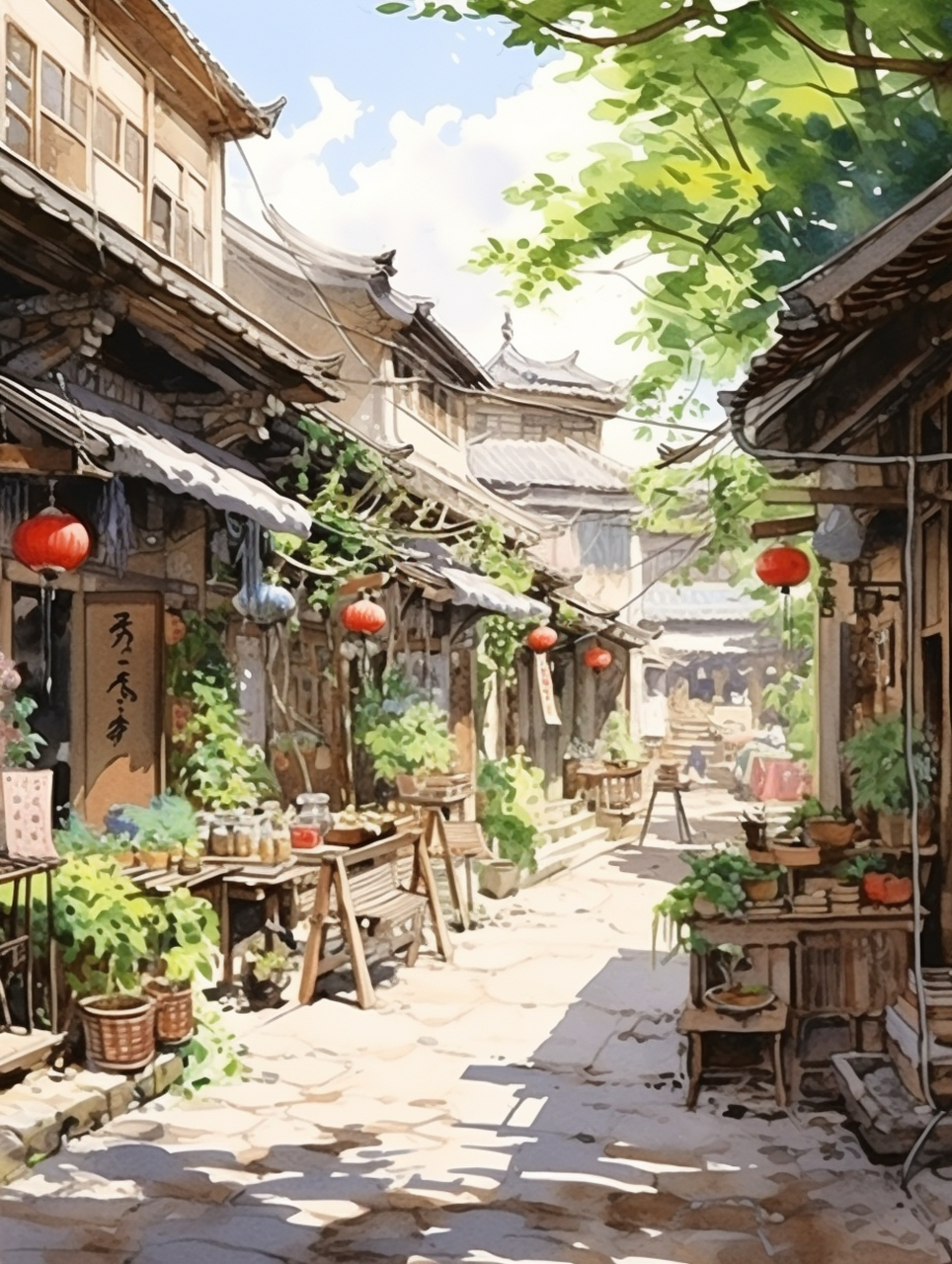 古街村景水彩画#ai绘画# #插画# #风景