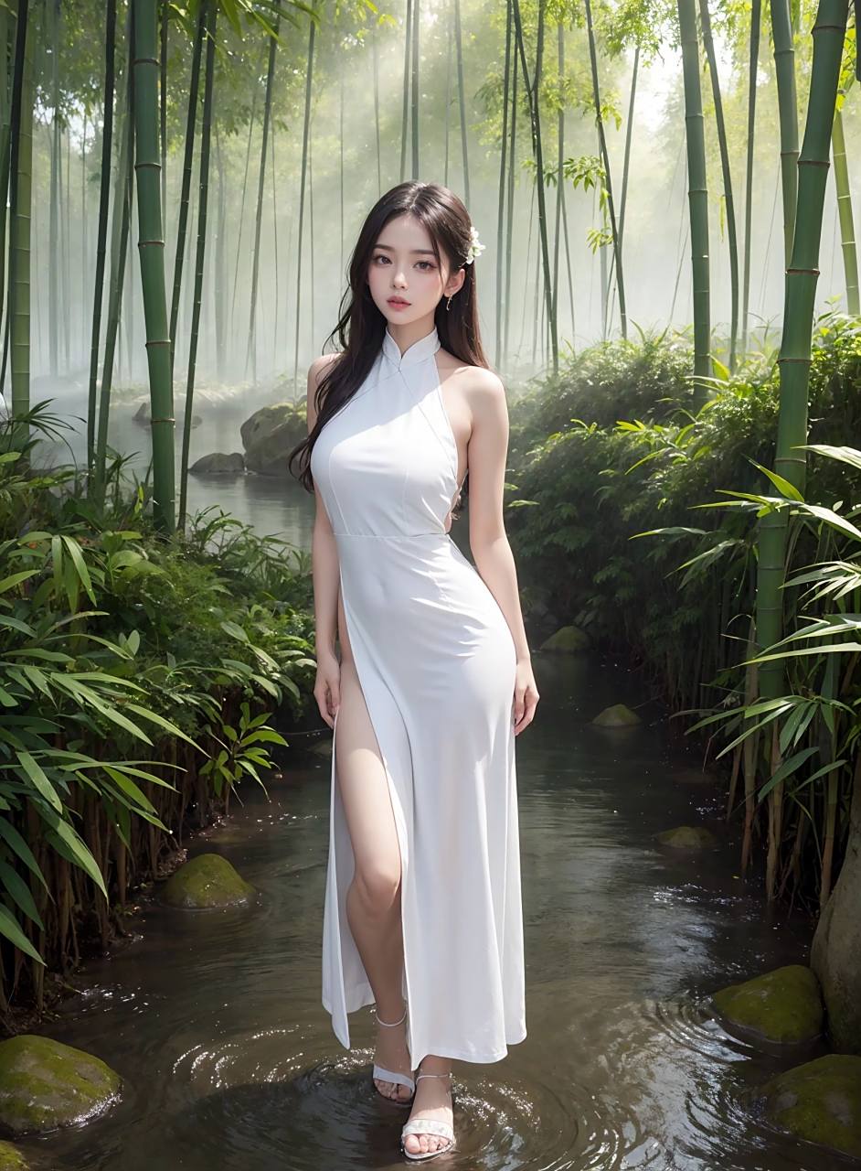 ai绘画——竹林搭配简单白裙1#养眼美女