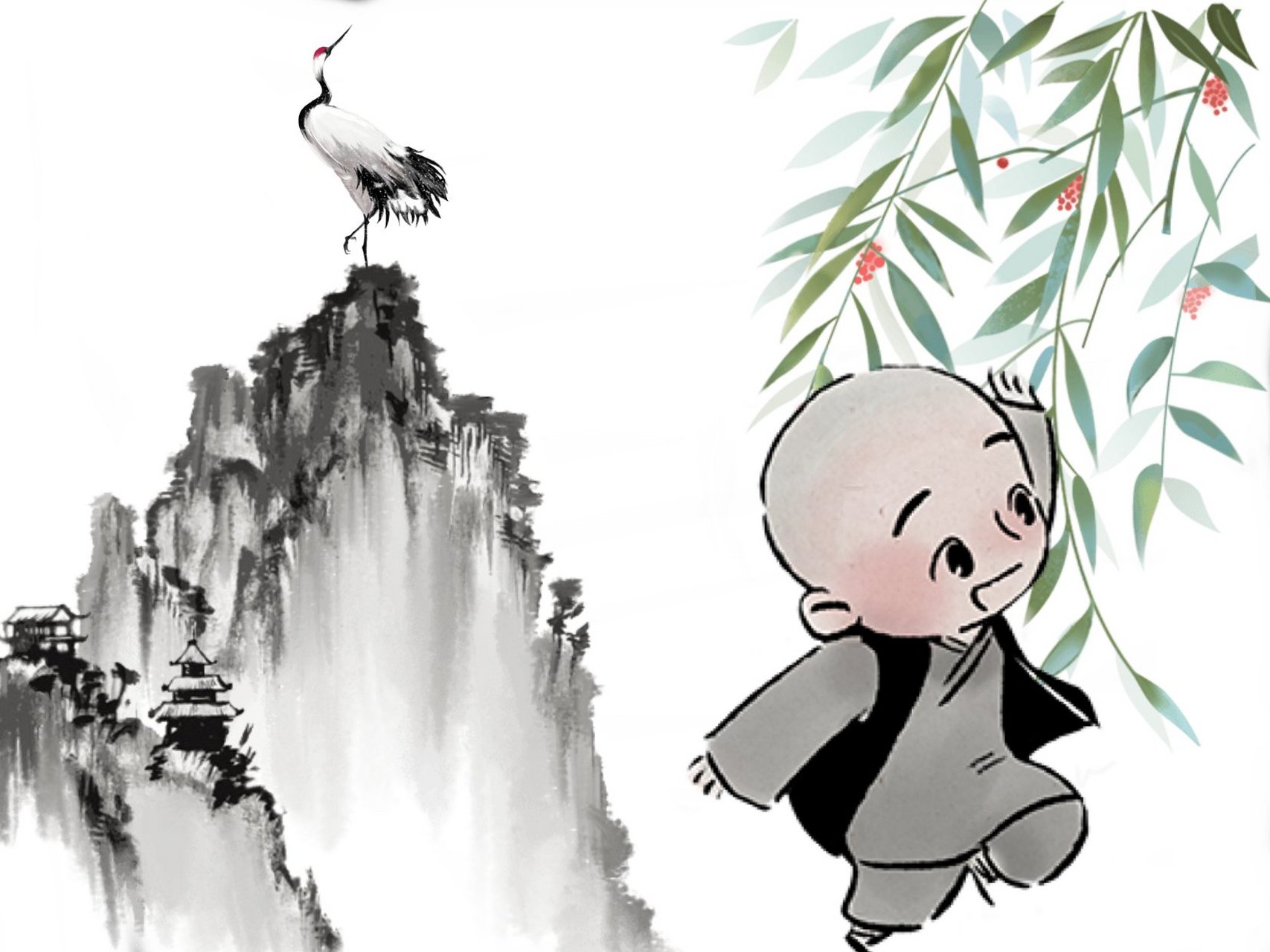 无忧无虑的小和尚,自由自在的山中过!