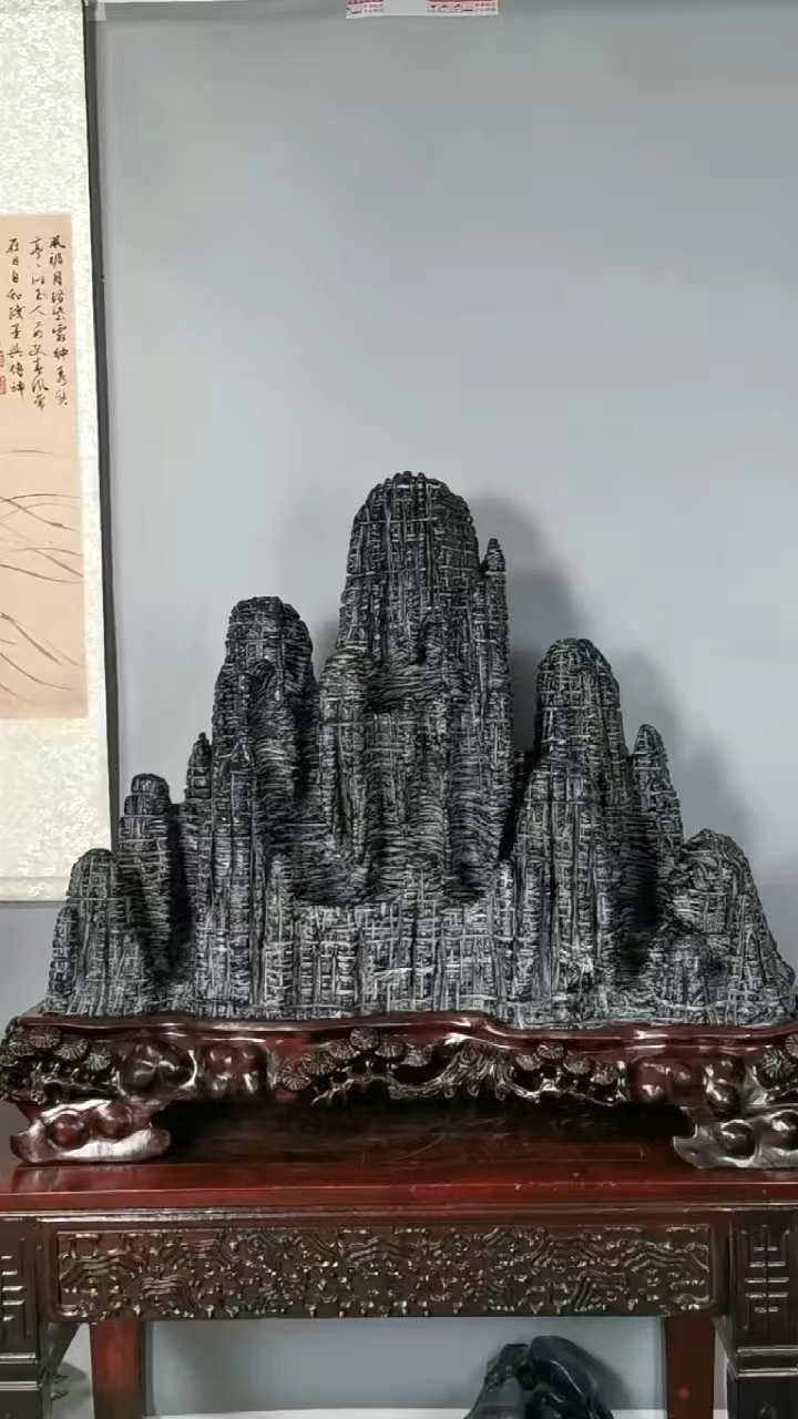 天下第一石-灵璧石家有靠山聚财山峰镇宅招财! 含底座灵璧-度小视