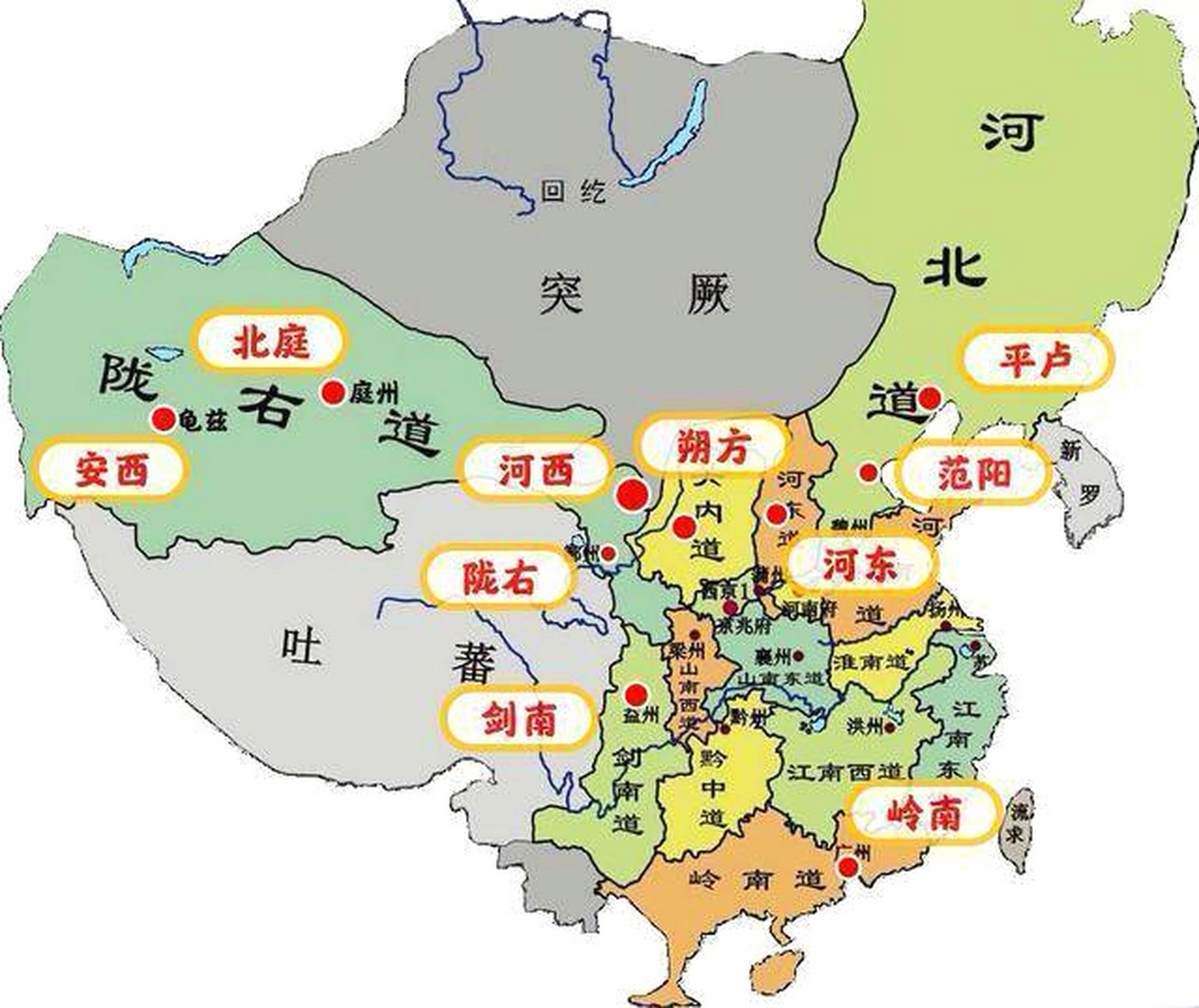 盛唐时期十大节度使兵力布防地图  开元盛世时唐朝疆域得到了很大扩展