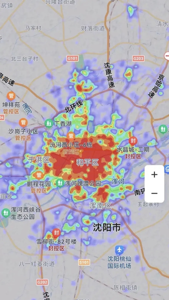 是成都市和沈阳市的热力图对比,两座都是省会中心城市,一个是东北第一