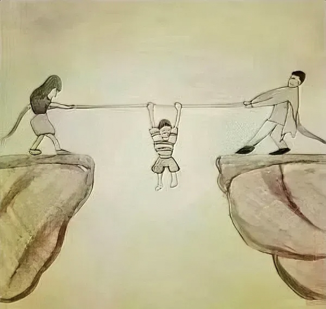 婚姻就如这幅画,无论谁放手,受伤的都是孩子.