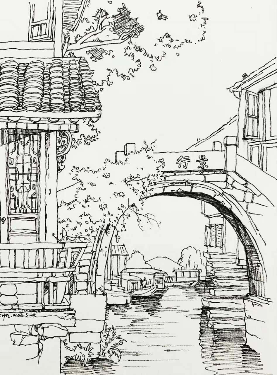 中国古建筑,钢笔风景速写.