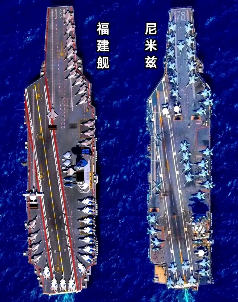 这是一张"福建号"航母和美国"尼米兹"级航母的对比图,根据官方数据,"
