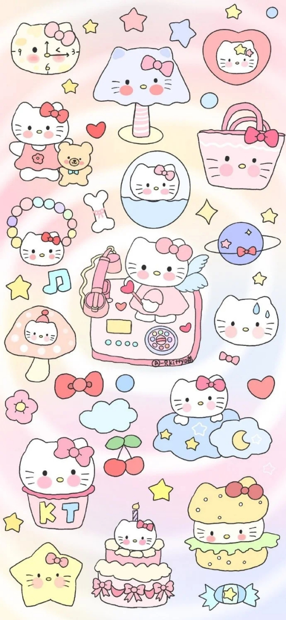 hellokitty卡通梦幻彩虹渐变色锁屏可爱壁纸#壁纸