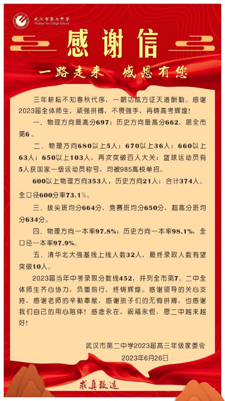 武汉市汉阳区武汉三中本次高考600分以上人数378人,超过江岸区武汉