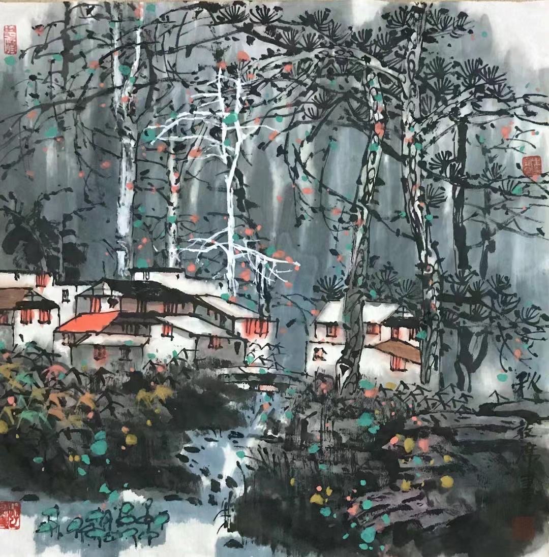 画家林敦席的彩墨山水画中处处体现着诗情,意境高远深邃