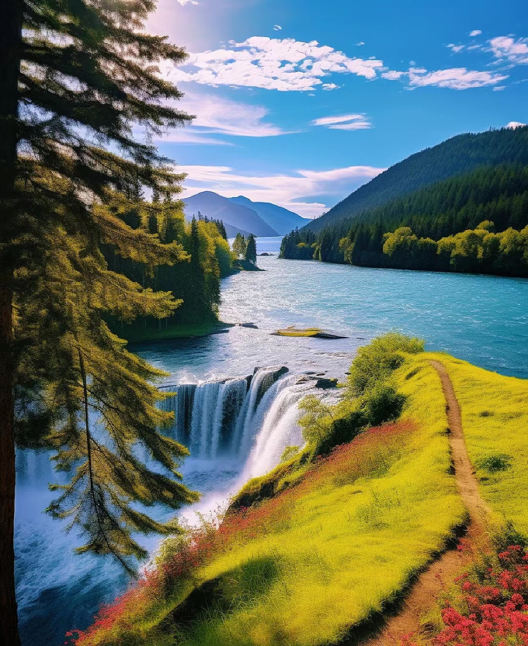 阳光穿过水雾,形成一道彩虹.站在瀑布前,我感受到大自然的力量