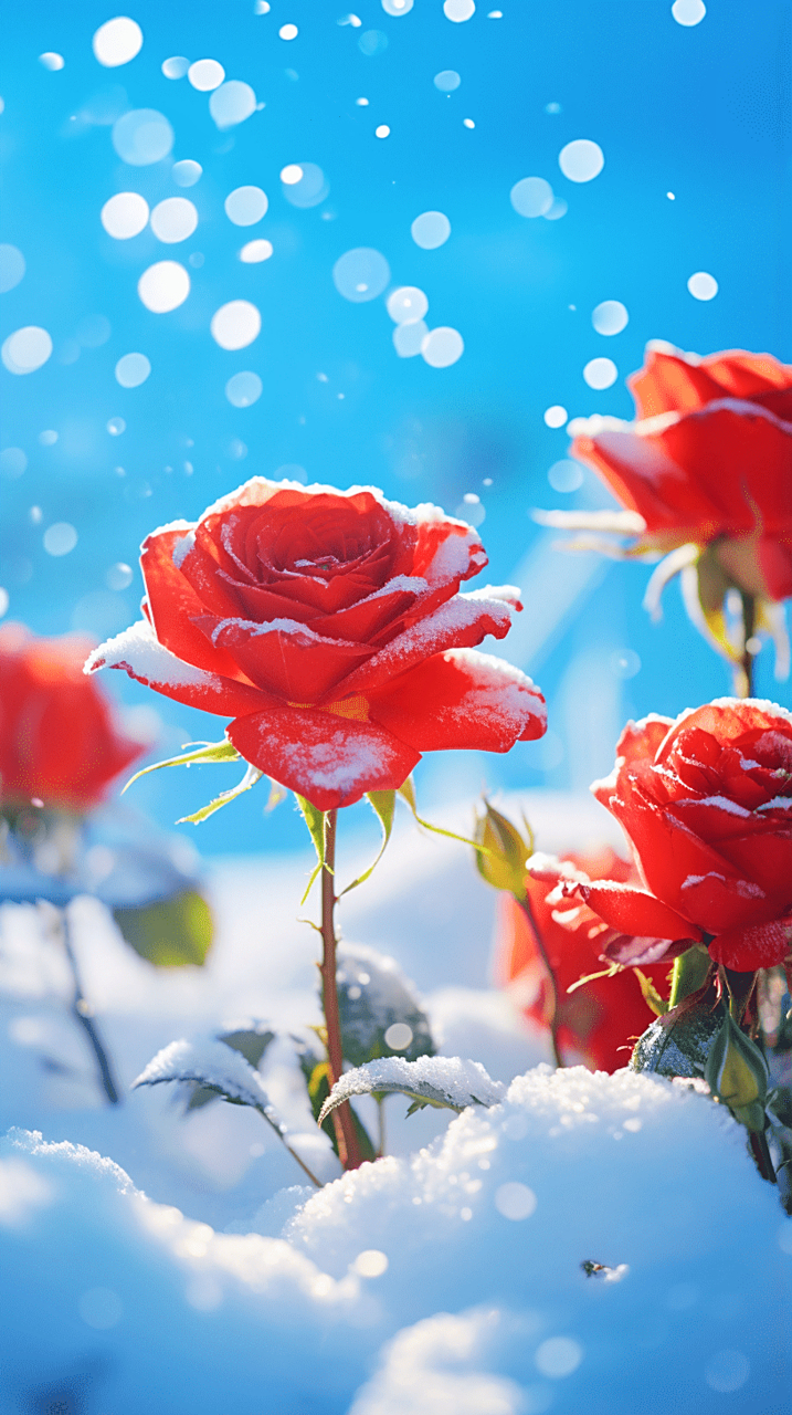 娇艳欲滴的红玫瑰和皑皑白雪,强烈的视觉冲击,却也相得益彰.
