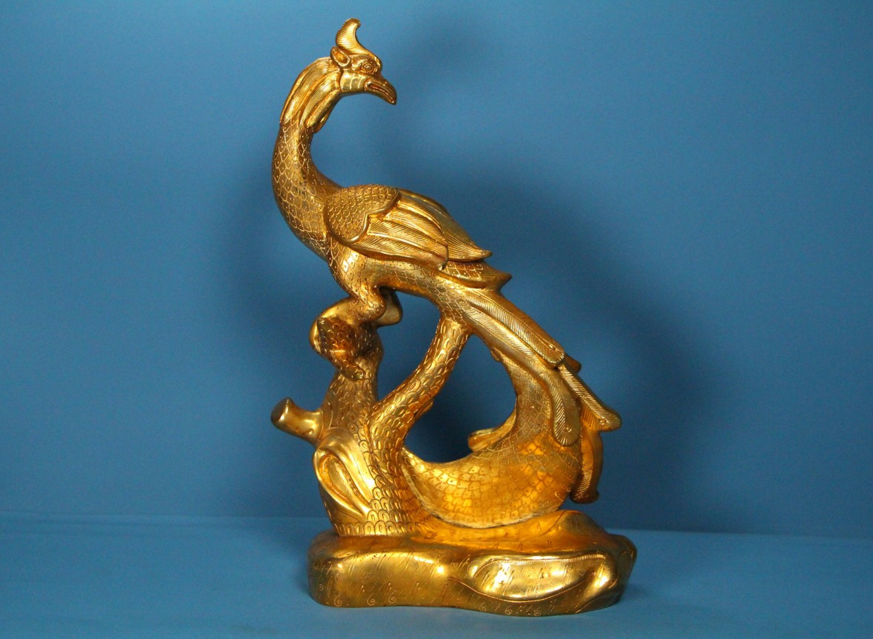 旧藏精品纯手工打造铜鎏真金凤鸟摆件 高28厘米
