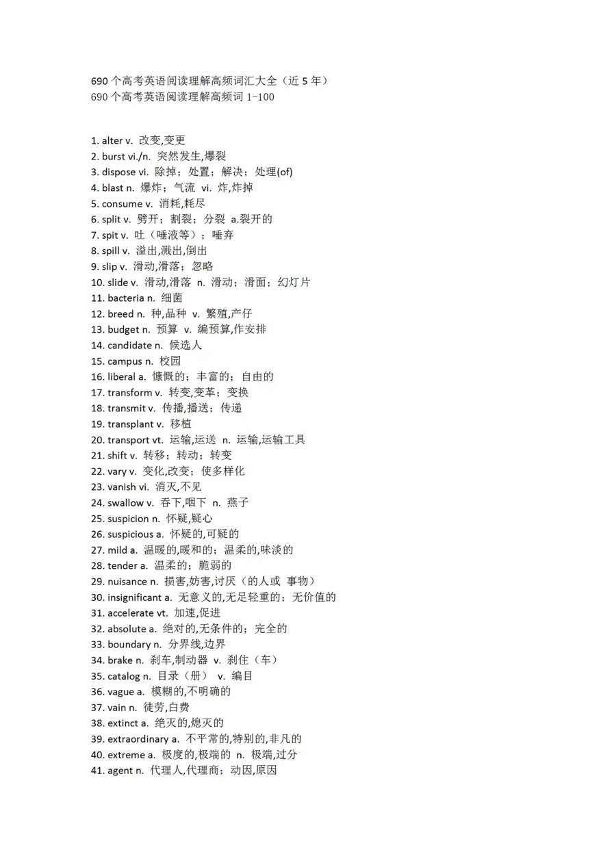 近5年高考英语阅读高频词汇690个