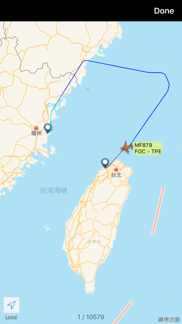 这是厦门航空mf879航班,从福州长乐机场到台北桃园机场.