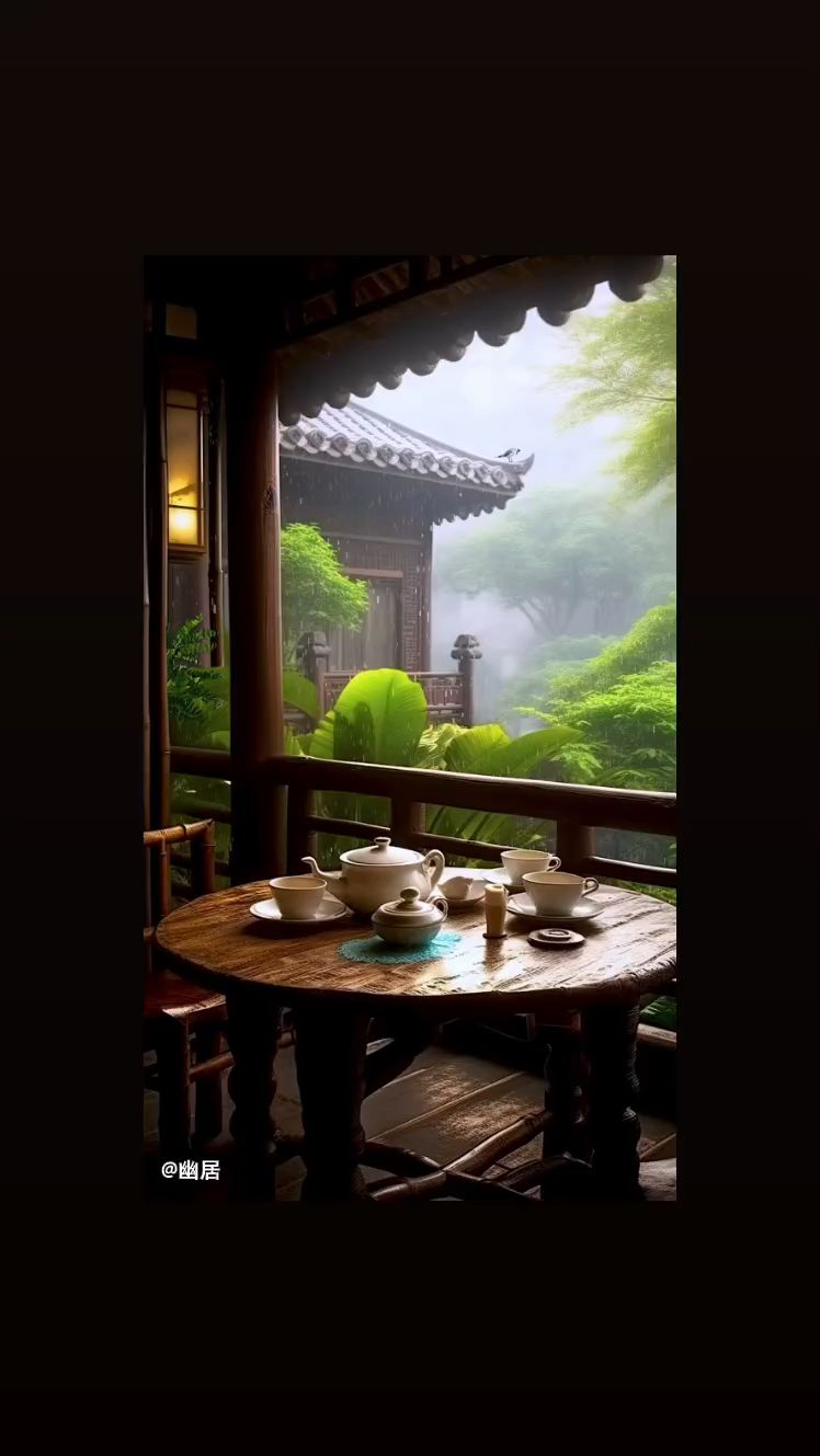 阁楼观雨雾蒙蒙,雨打芭蕉,翠绿色迷人眼