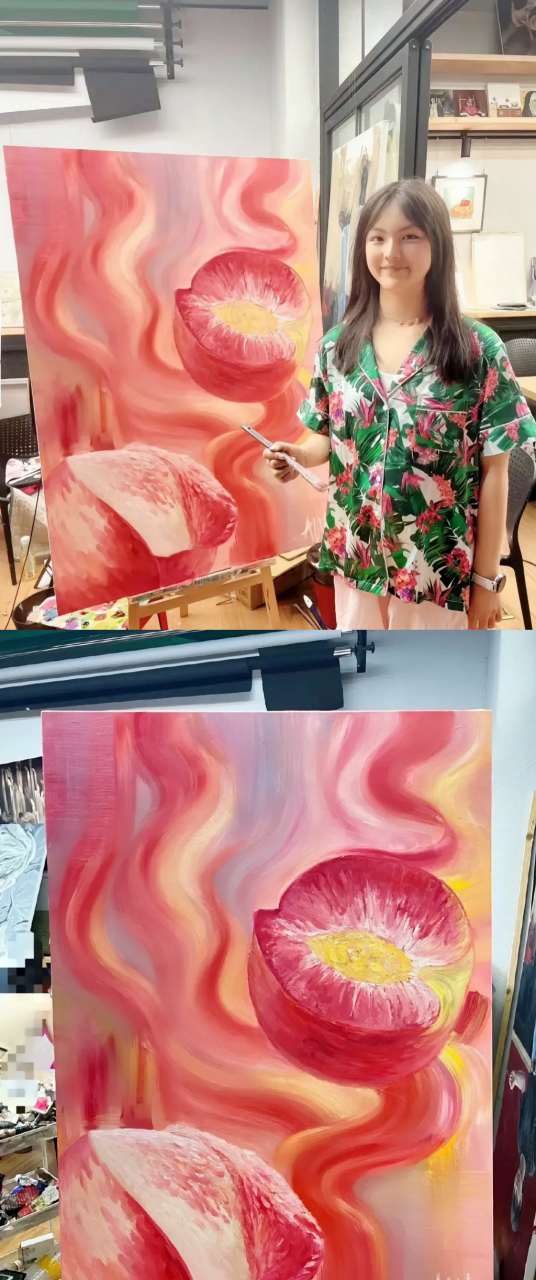 李湘晒出女儿王诗龄最新的画作水蜜桃,看起来画得确实不错!