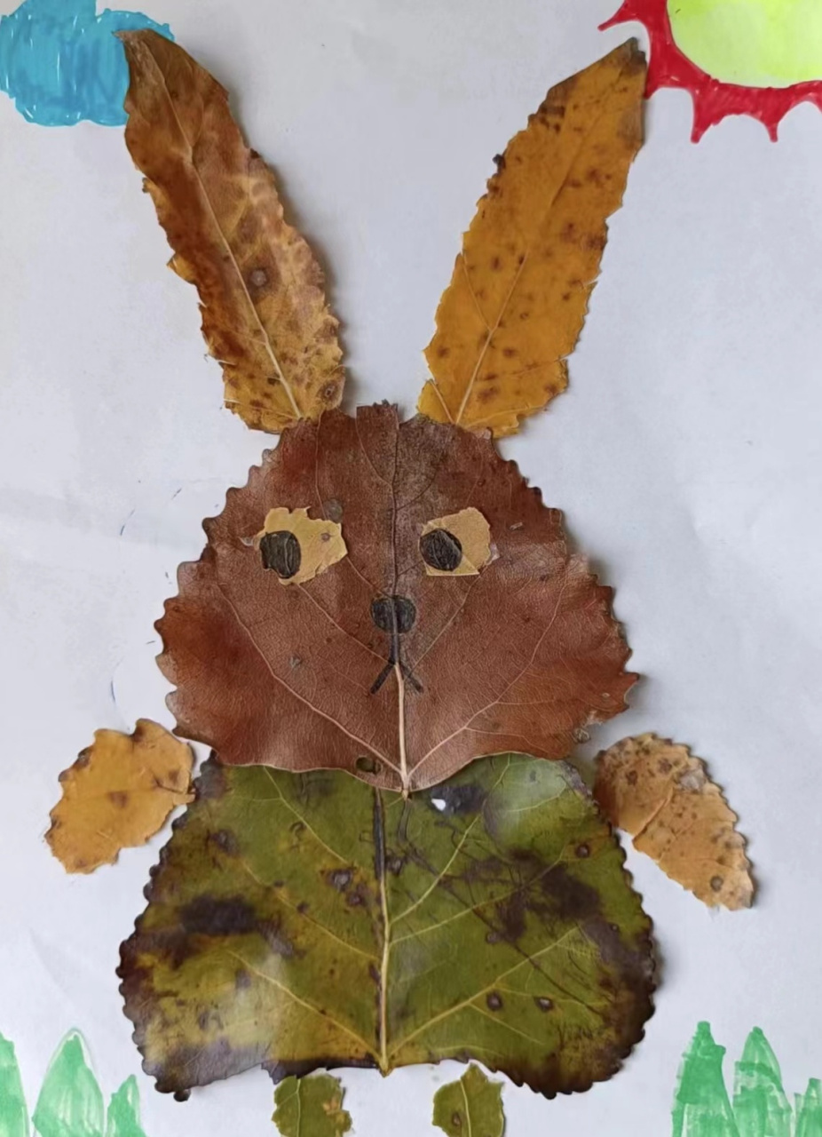 我出彩】辽宁省凌源市瓦房店中心小学吕鑫悦树叶粘贴画《可爱的兔子》