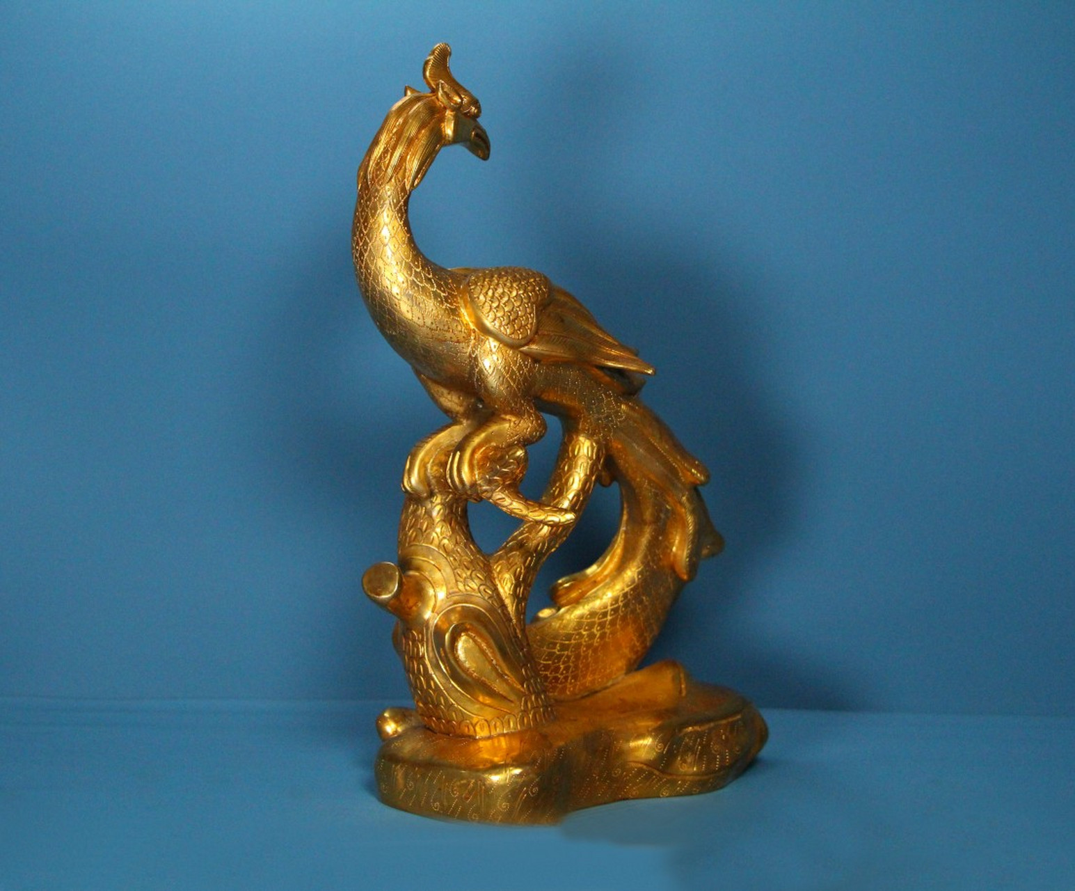 旧藏精品纯手工打造铜鎏真金凤鸟摆件 高28厘米     底座长16厘米