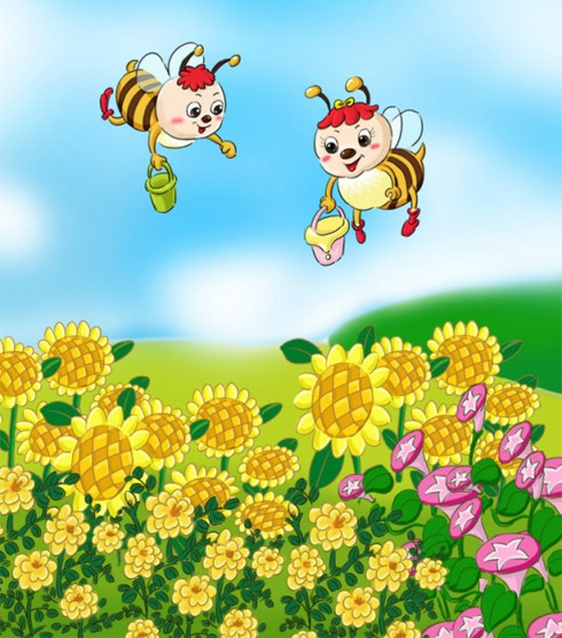 两只小蜜蜂呀,飞在花丛中呀