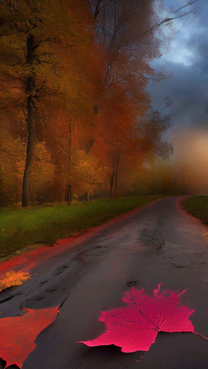 秋天小树林静谧而唯美,天边乌云笼罩,落叶如诗.