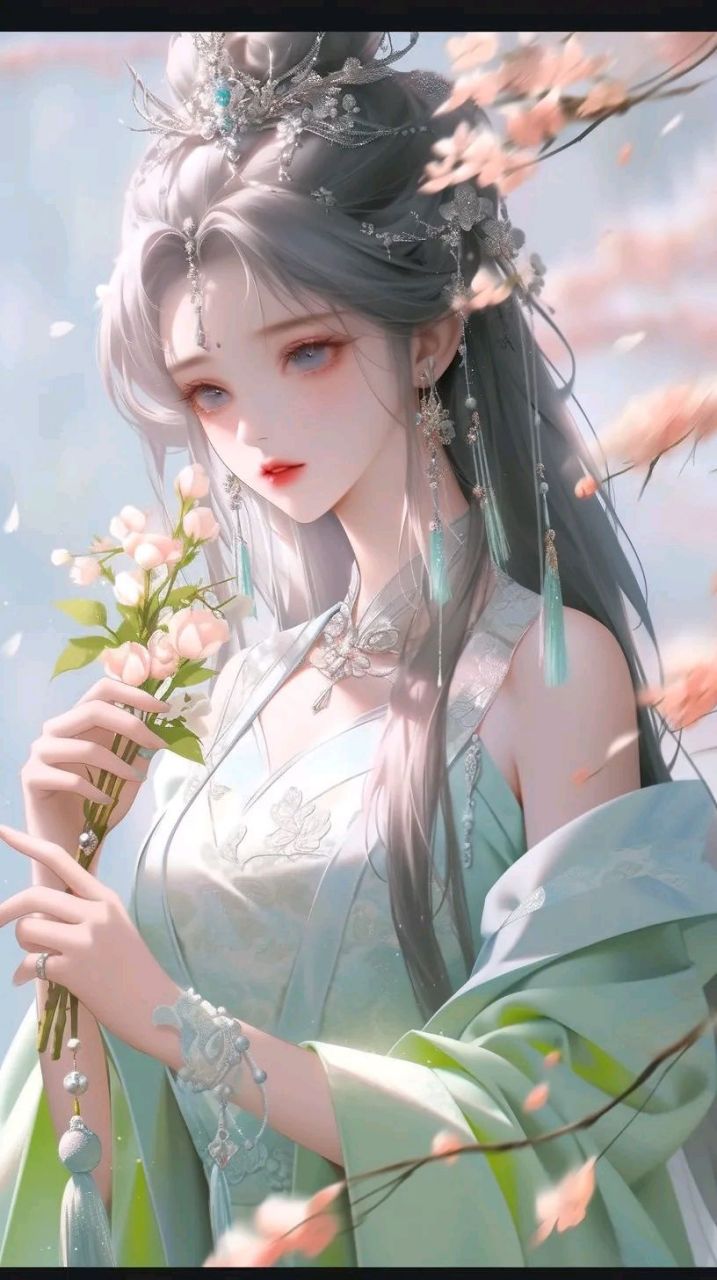 古风美人壁纸～翠衣薄纱如花艳,柳眉凤眼俏佳人