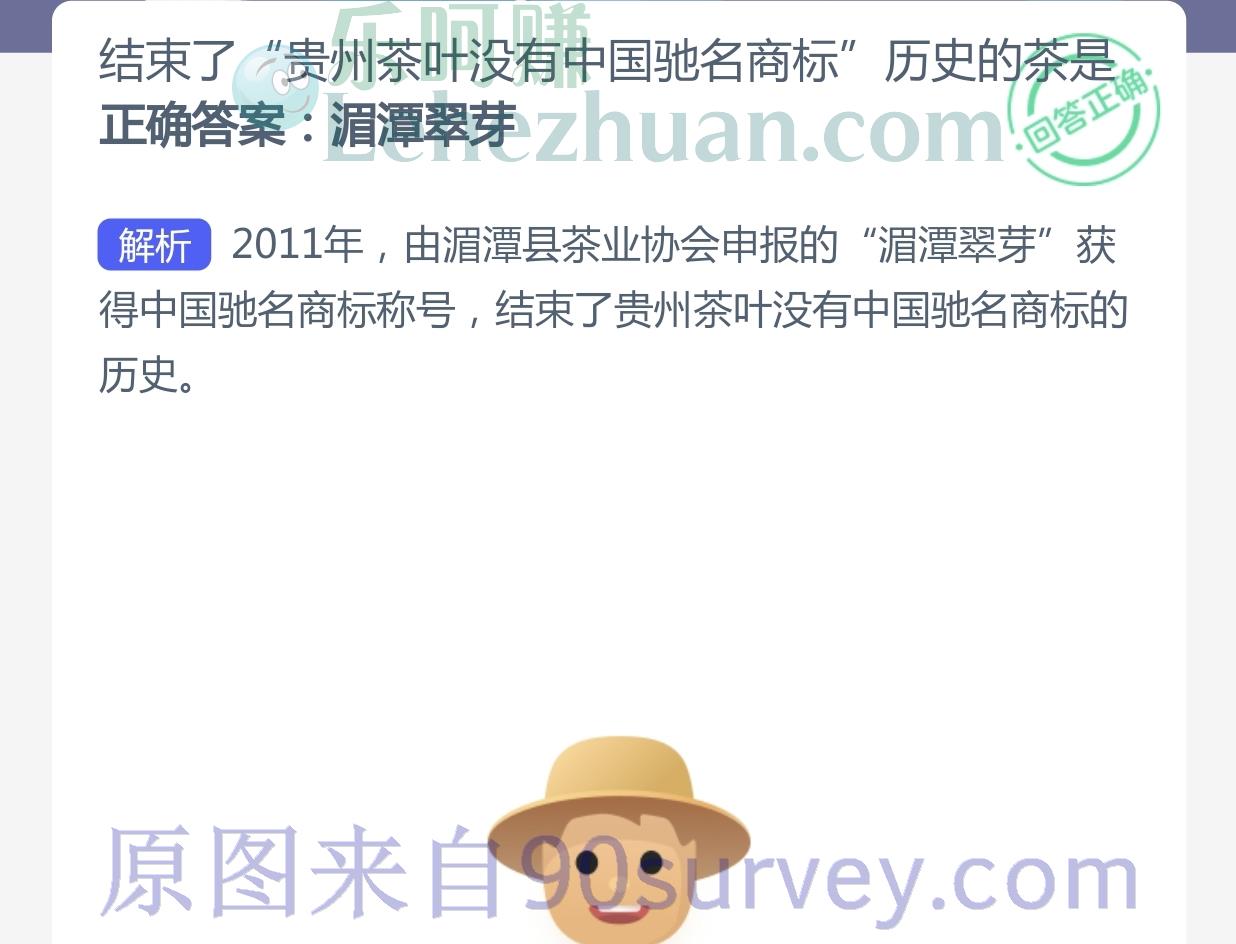 结束了"贵州茶叶没有中国驰名商标"历史的茶是?正确答案:湄潭翠芽 结束了"贵州茶叶没有中国驰名商标"历史的茶是?正确答案:湄潭翠芽