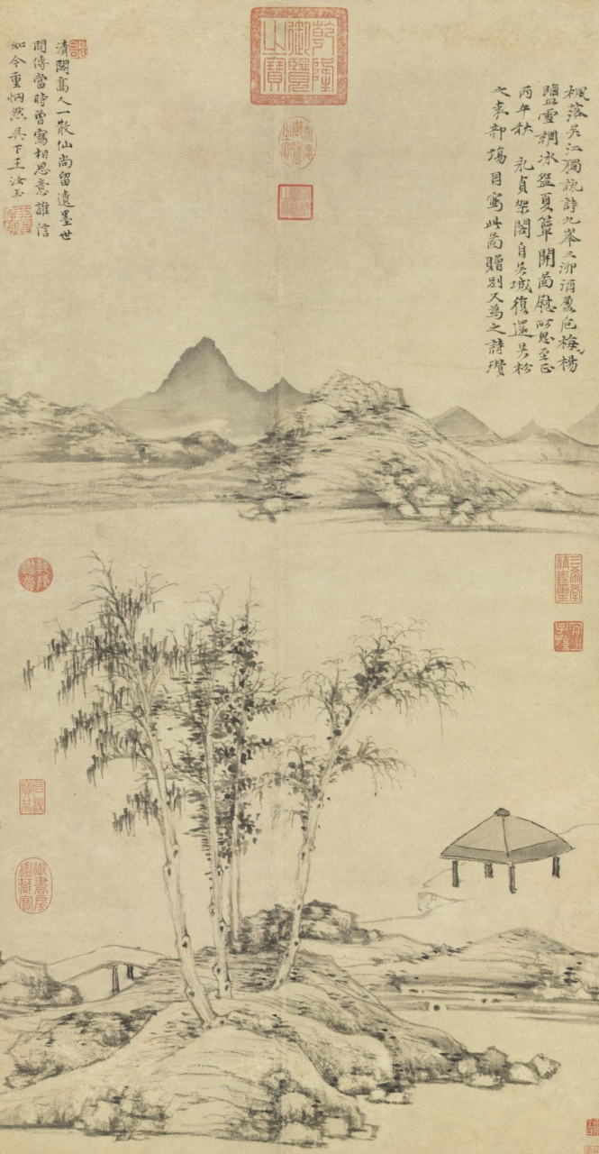 中国山水画经典作品欣赏:元代/倪云林【四】《桐露清琴图》/《隔江山