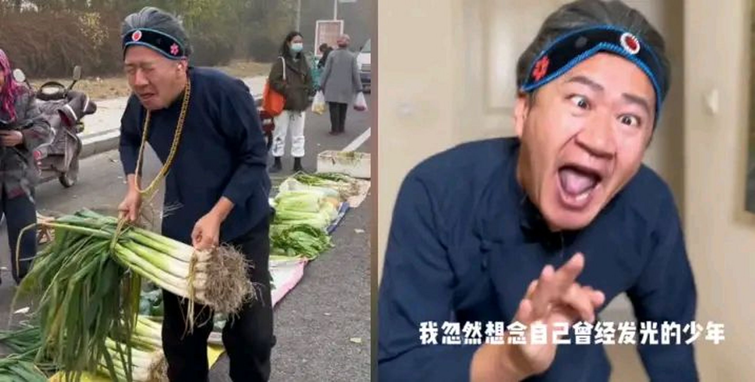 李嘉明扮老太太,集市里跳舞引围观拍照,没站稳险些摔跤.