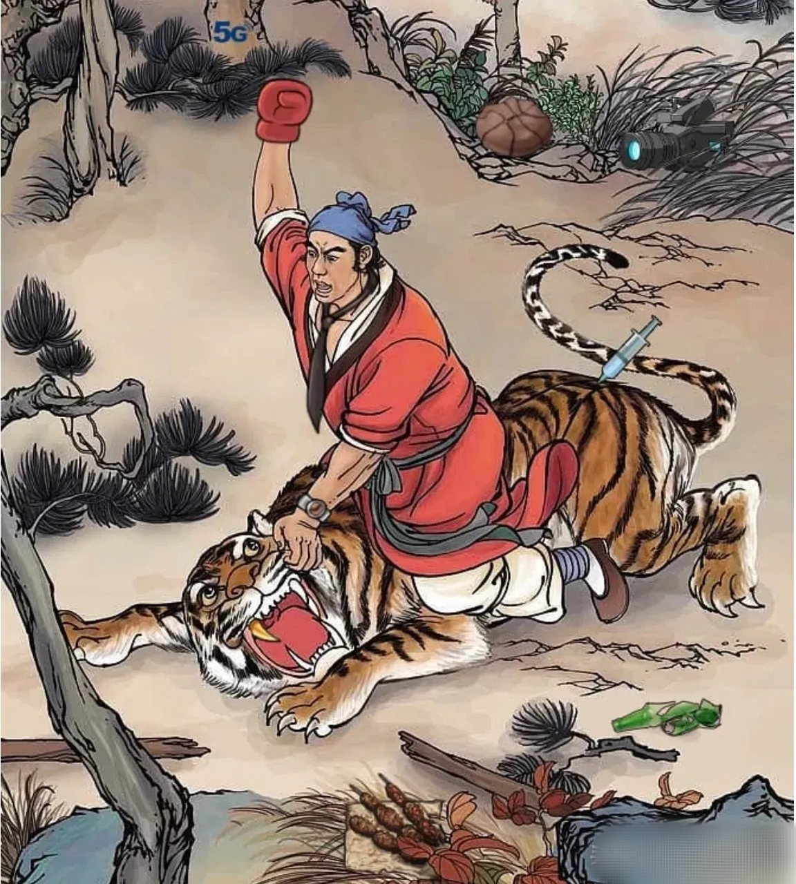 考眼力找不合理: 图中是水浒传中武松打虎的一幕, 据说一共有10处不