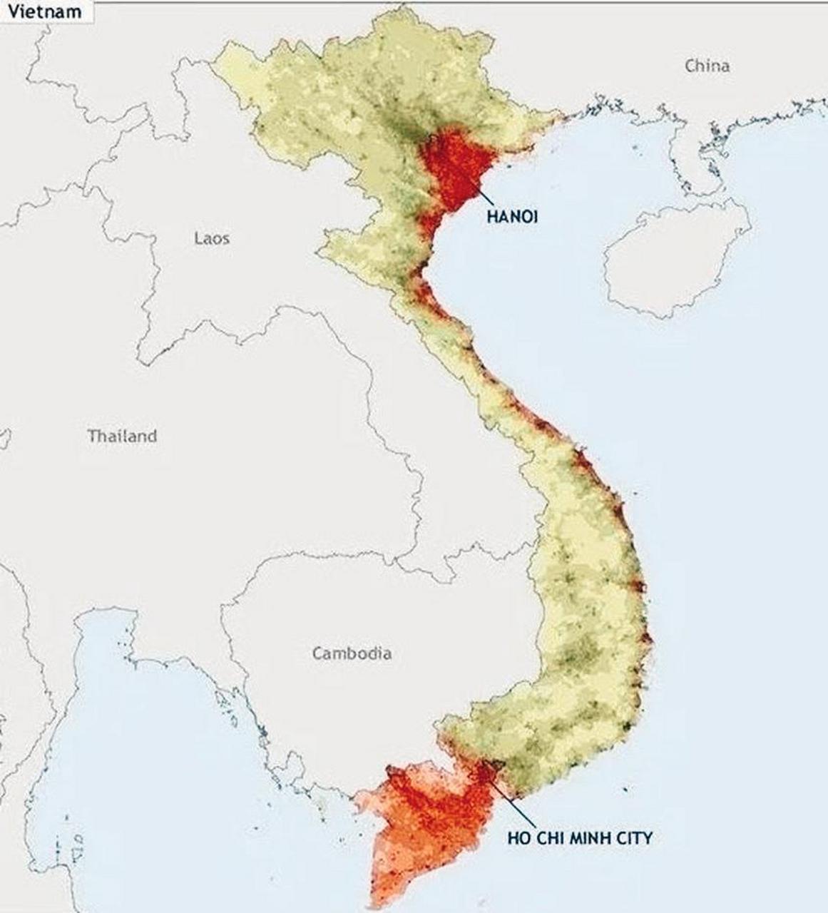 越南人口密度分布示意图  越南地区人民的生活和交流都是以南北向的