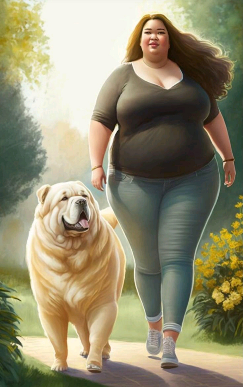肥女遛狗图,尽显别样风情!人,肥而不腻;犬,壮而不凶!
