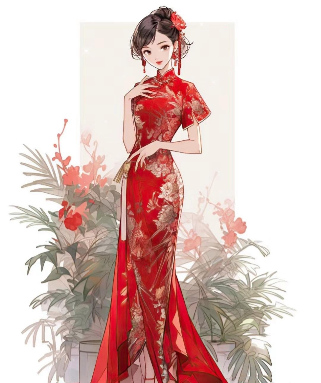 一组ai生成的国风旗袍人物绘画,展现了角色的秀美与服饰的雍容华丽