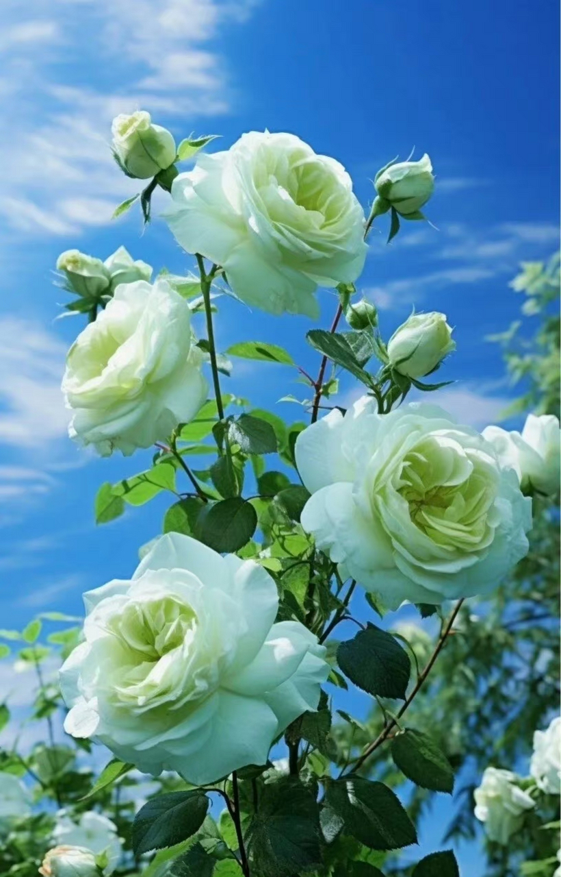 蓝天下浪漫的玫瑰,美极了!令人陶醉,好喜欢这一抹的色彩!