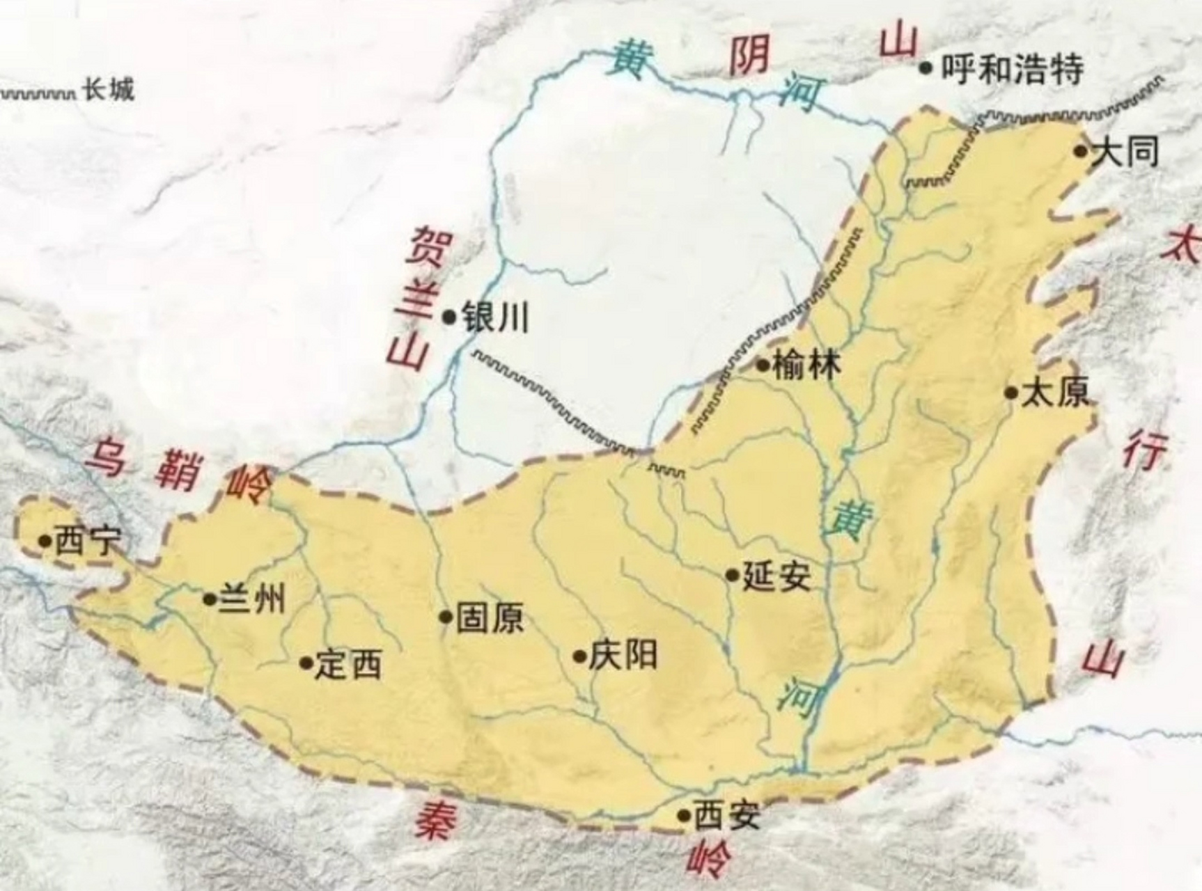 黄土高原分布范围示意图