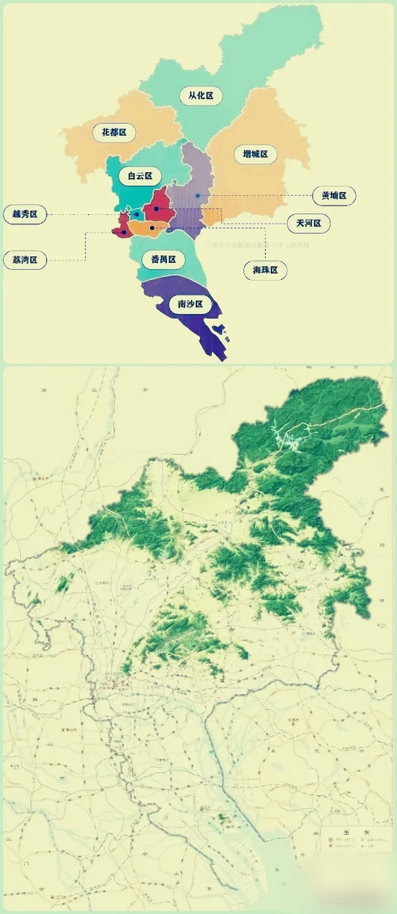 廣州市全境地形地貌圖,若大的從化區幾乎全是山,南沙區位於珠江口