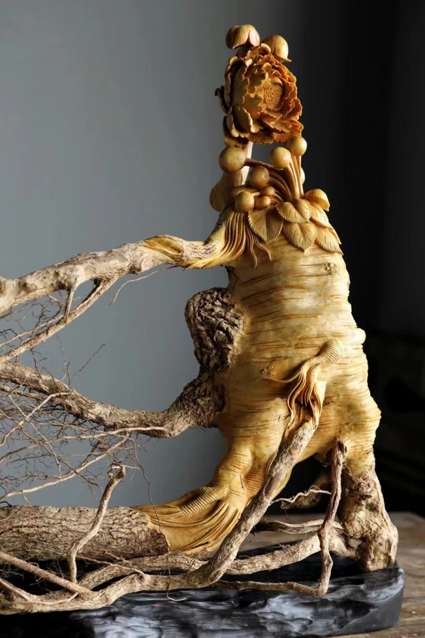 黄杨木 | 人参 摆件 黄杨木整料纯手工雕刻人参,手工镂空雕刻,惟妙惟