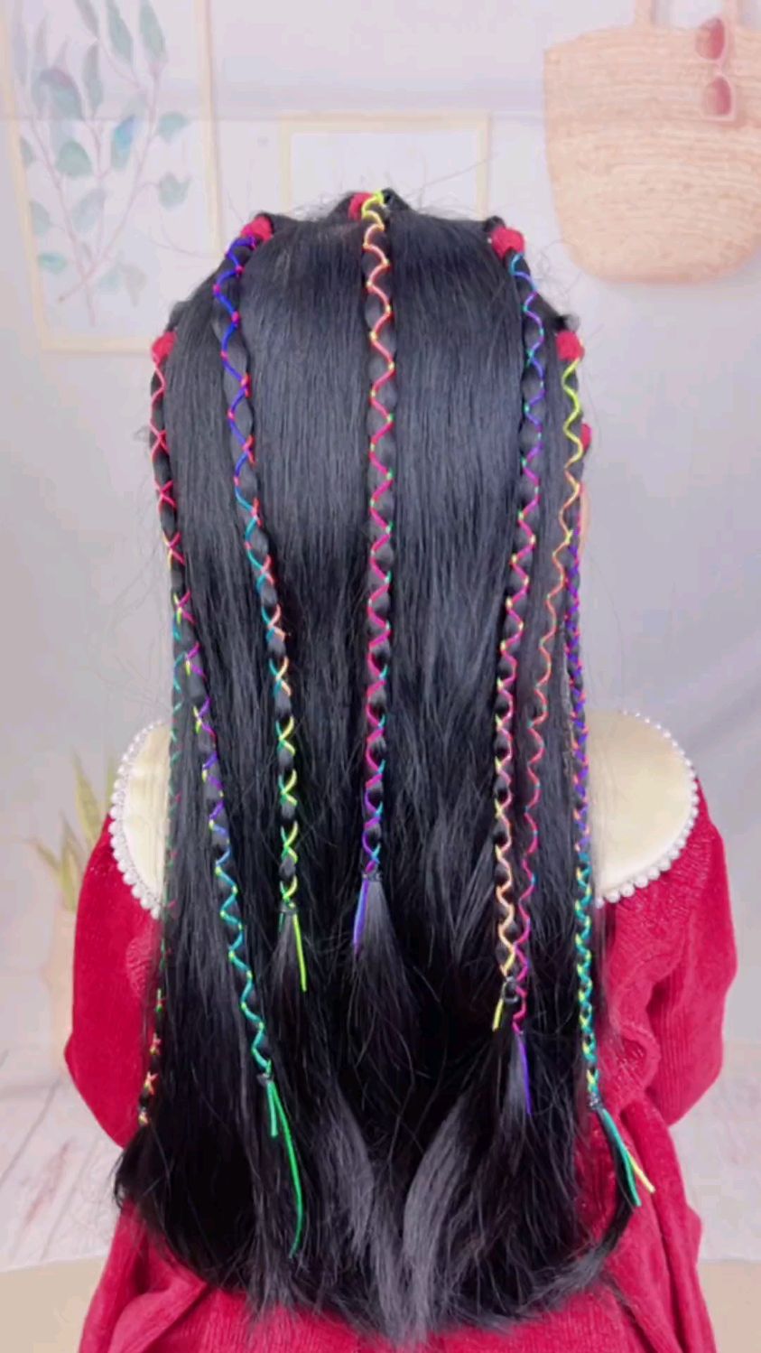 儿童编发:扎披肩马尾都好看的彩绳编发,过年就要红红火火,五彩斑斓