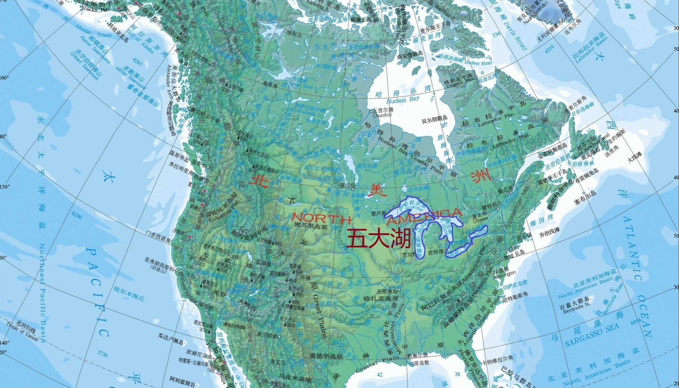 五大湖按大小分别为苏必利尔湖,休伦湖,密歇根湖,伊利湖和安大略湖