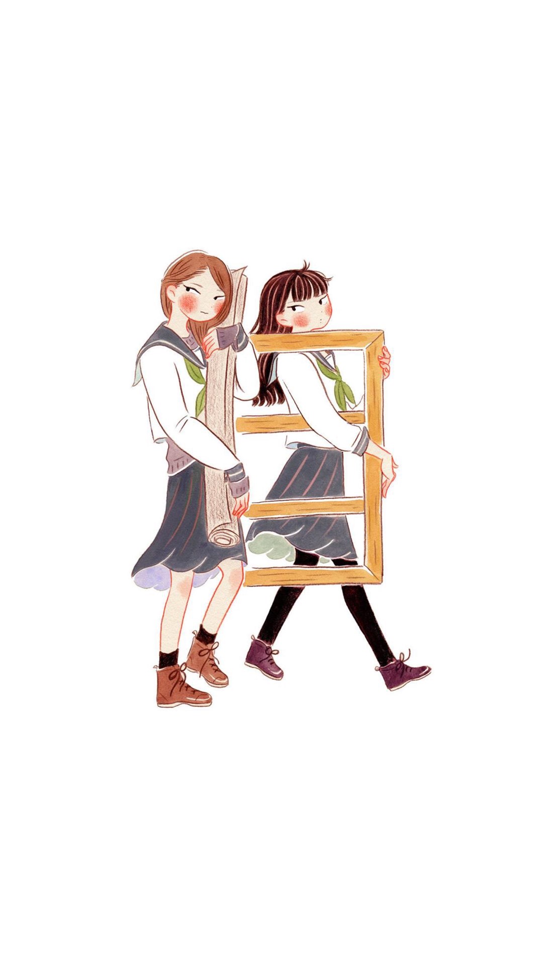 画风清新的闺蜜插画,简单的场景亲密的互动,展现女孩之间的友情