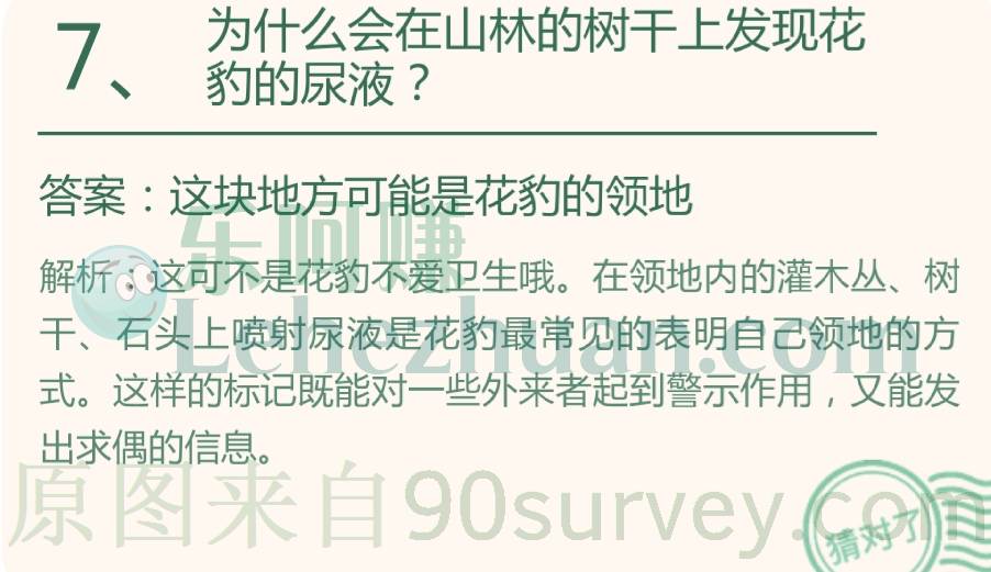 为什么会在山林的树干上发现花豹的尿液?答案:这块地方可能是花豹的领地 为什么会在山林的树干上发现花豹的尿液?答案:这块地方可能是花豹的领地