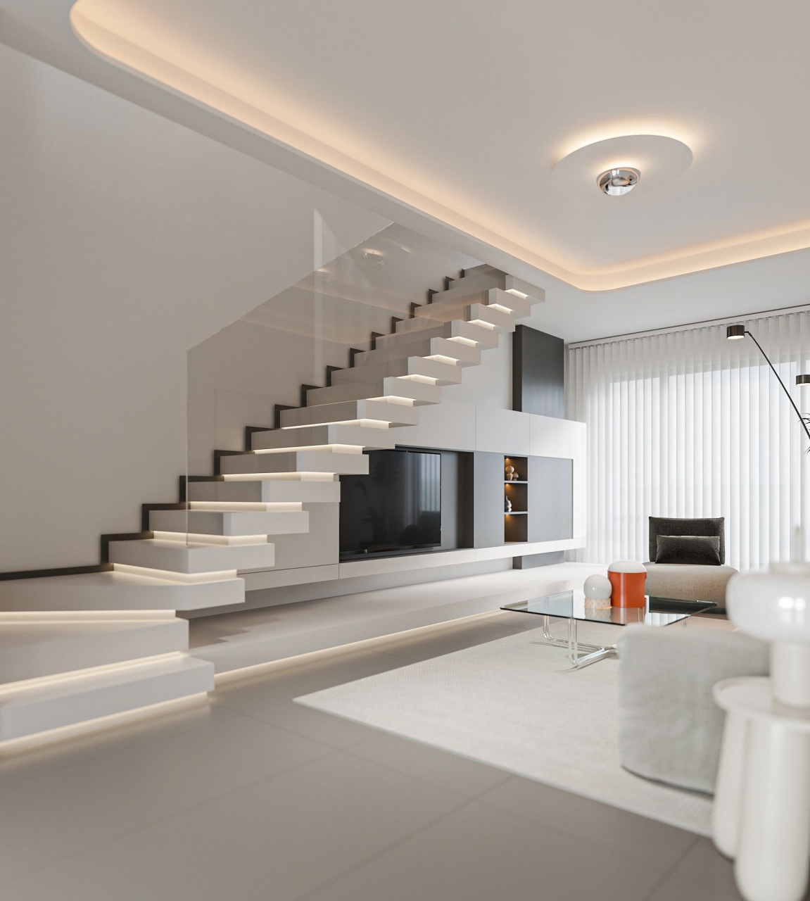 小复式户型现代简约风客厅设计效果,楼梯做成悬浮造型,增加悬浮感和