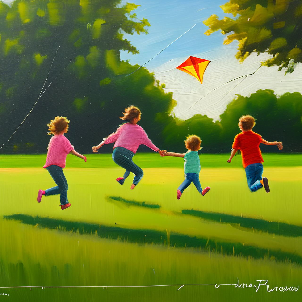 画一个三口之家,在公园绿油油的草地上放风筝追逐的场面