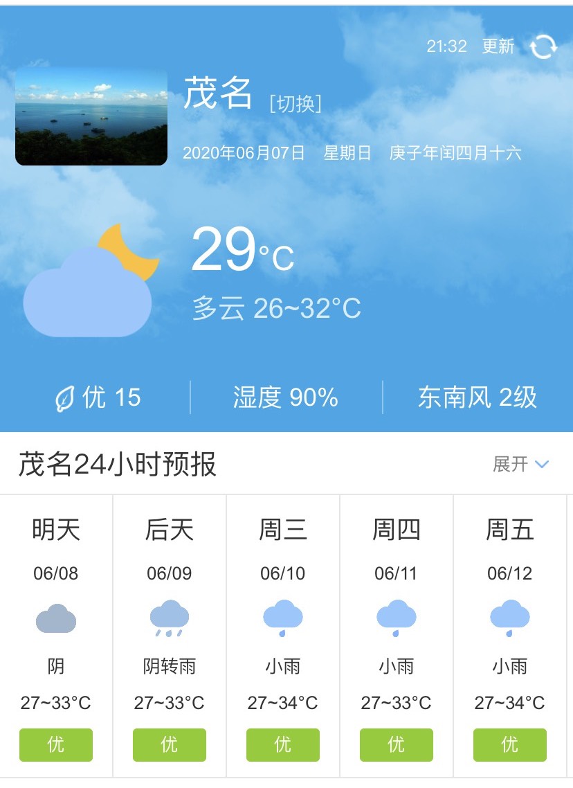 廣東茂名6月8日起未來五天天氣預報