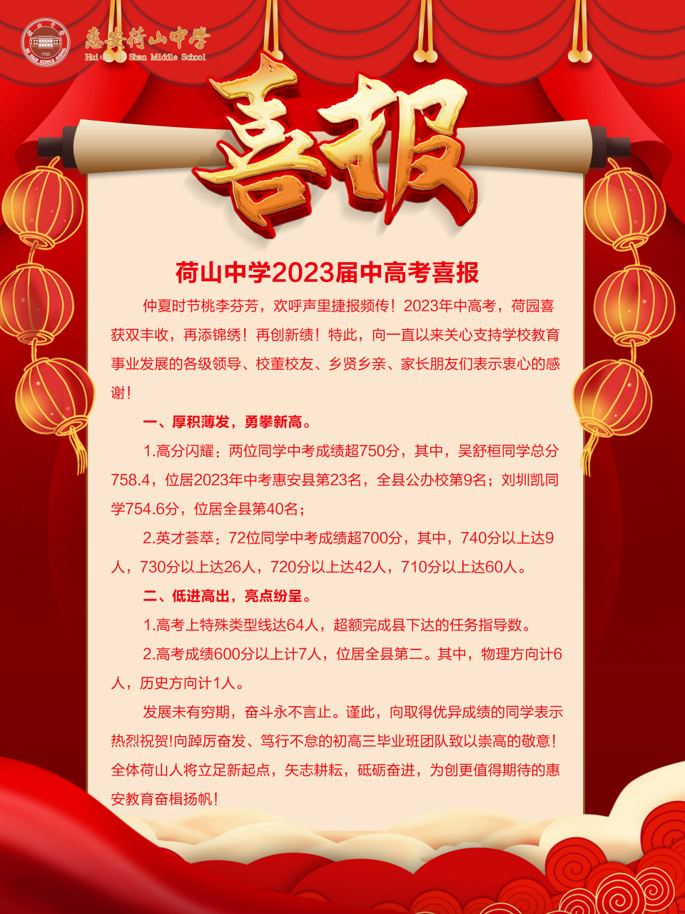 惠安荷山中学发布2023年高考中考喜报,首先要恭喜荷山中学,虽然进步是